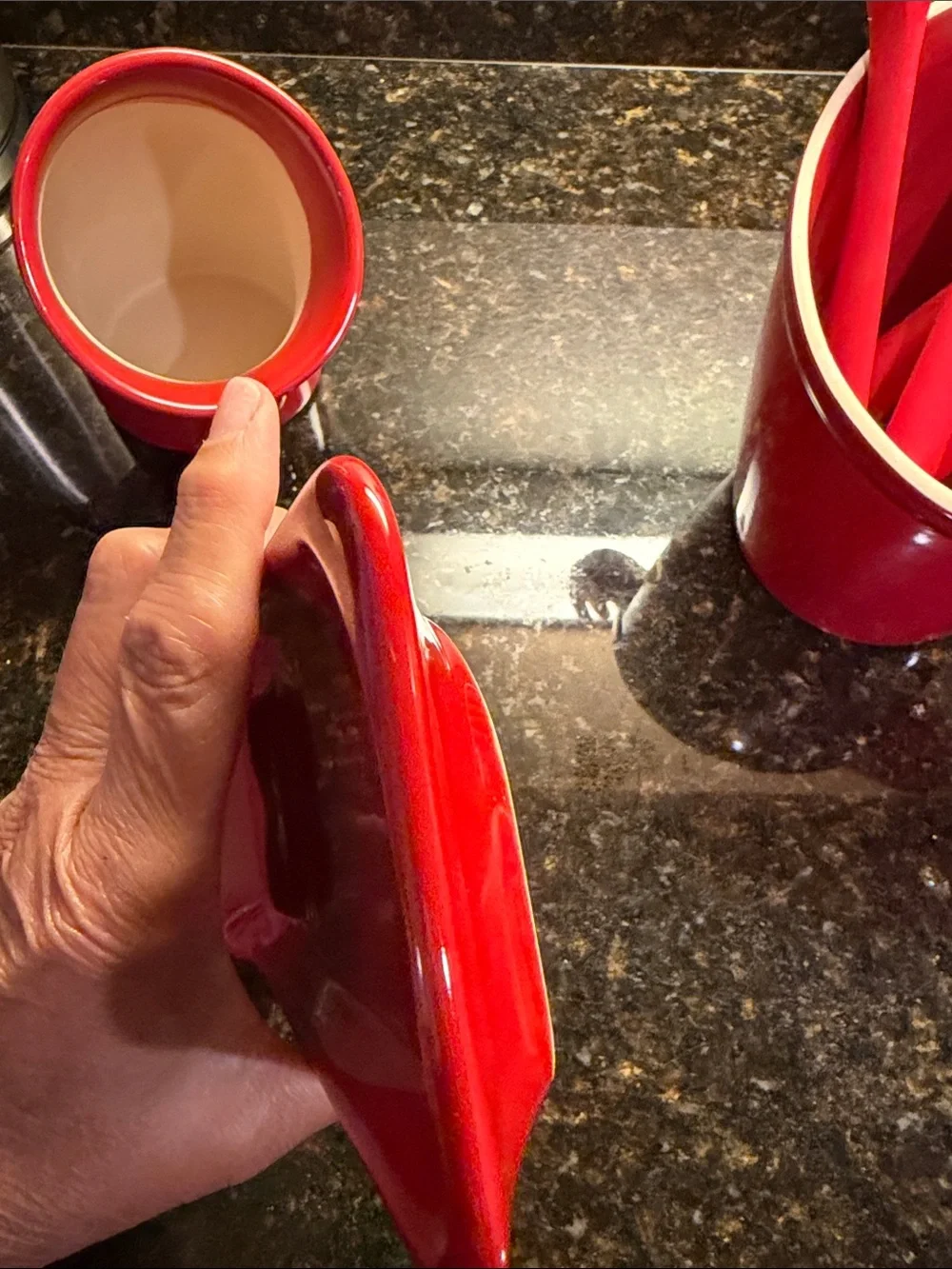 Emile Henry Spoon Rest, Salt Cellar and Utencil holder. Made in France. RED